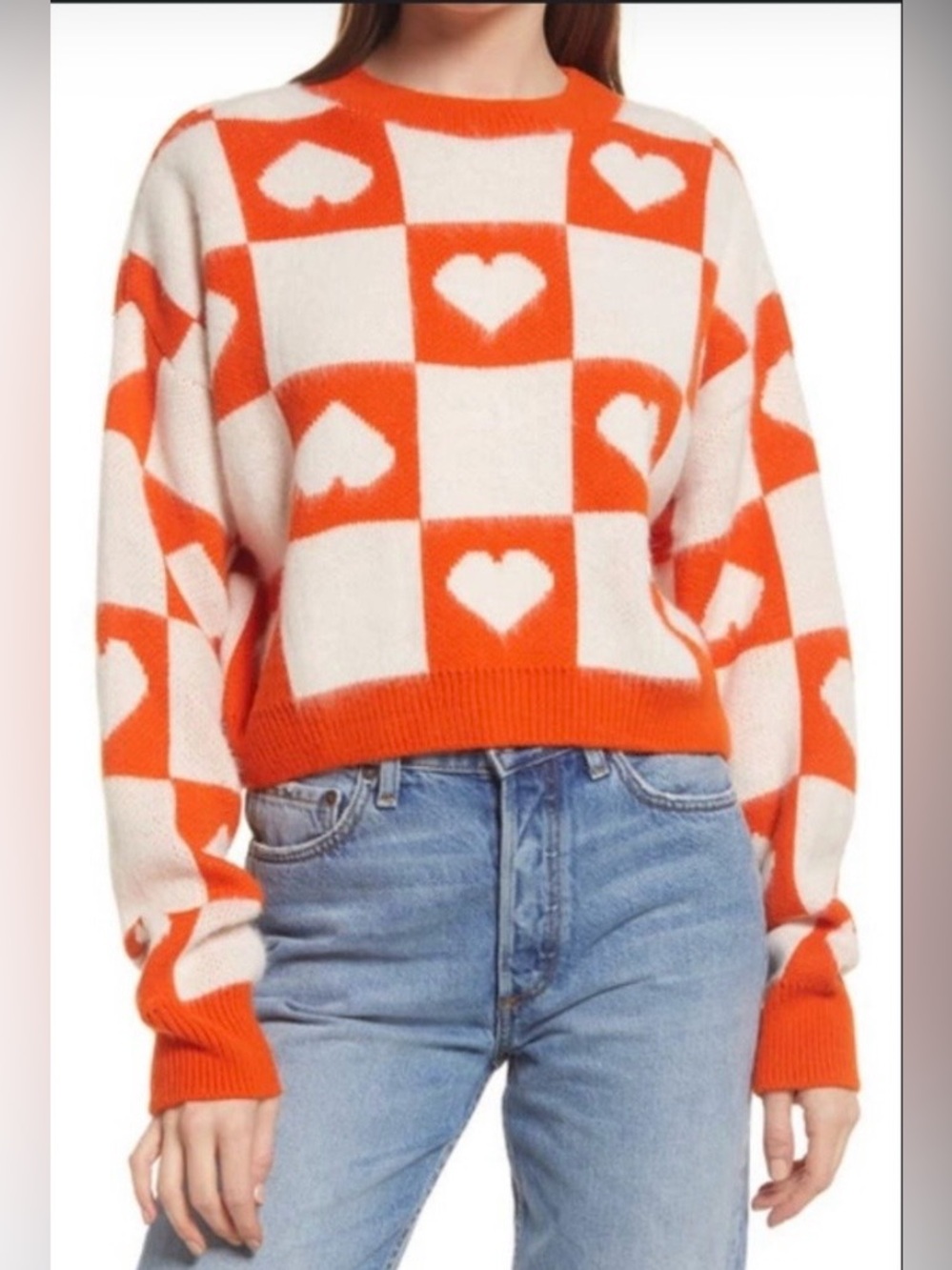 Topshop Checkered Orange White Heart Cropped Sweater Size S (4/6)